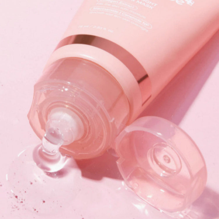 Medicube Collagen Night Wrapping Mask poured from tube with cap open on pink background.