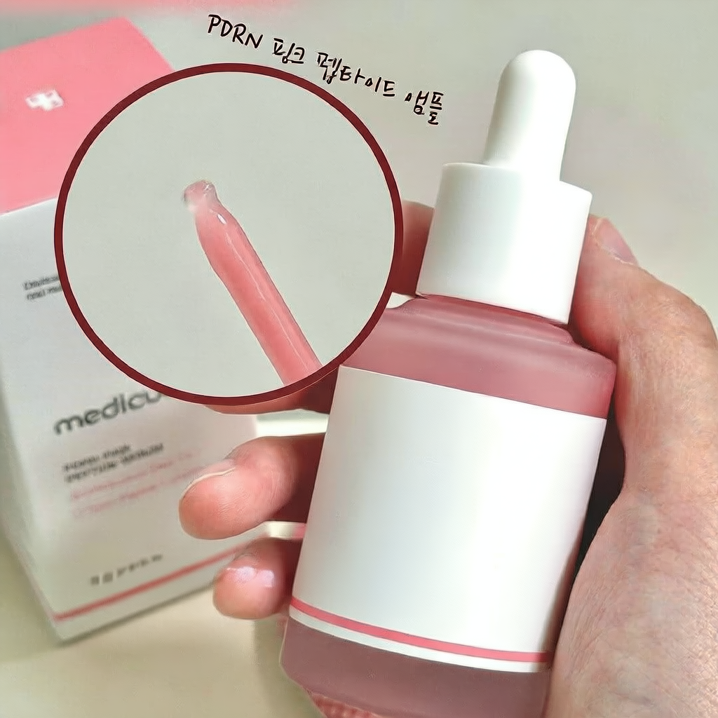 Medicube PDRN Salmon Peptide Skin Essence in a hand, showcasing the dropper and essence texture.