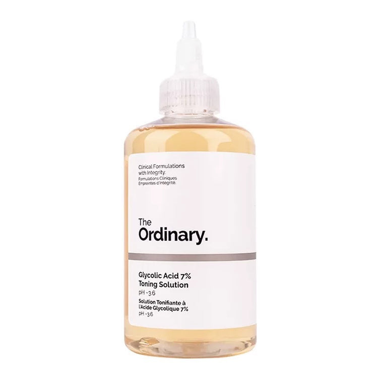 The Ordinary Glycolic Acid 7 Toner bottle with a white label and dropper top for exfoliating skin care.