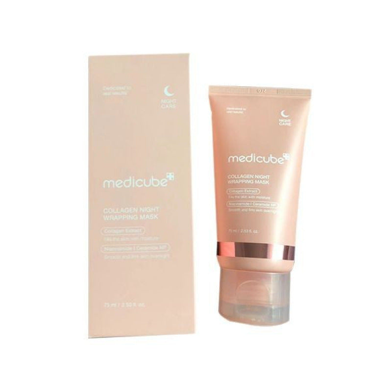 Medicube Collagen Night Wrapping Mask packaging and tube, designed for overnight skincare and hydration.