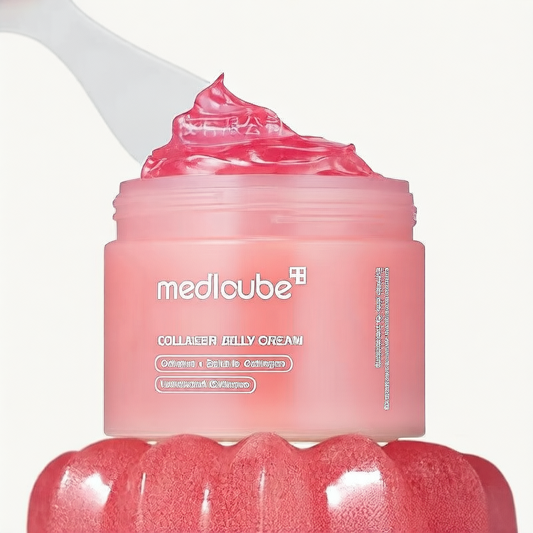 Medicube Collagen Jelly Cream in a jar, featuring a pink hydrating moisturizer ideal for healthy-looking skin.