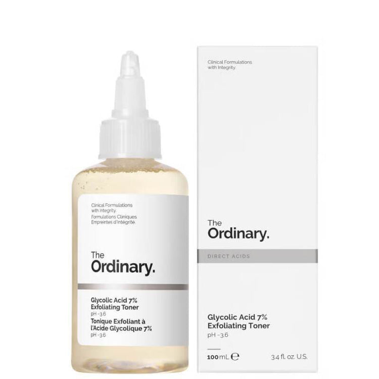 The Ordinary Glycolic Acid 7 Toner bottle and packaging for exfoliating skin care.
